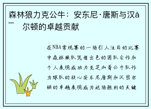 森林狼力克公牛：安东尼·唐斯与汉密尔顿的卓越贡献